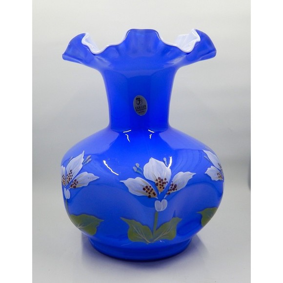 Fenton Blue Overlay Cased Glass White Hand-Painted Flowers Pinched Ruffle Vase - Picture 9 of 9